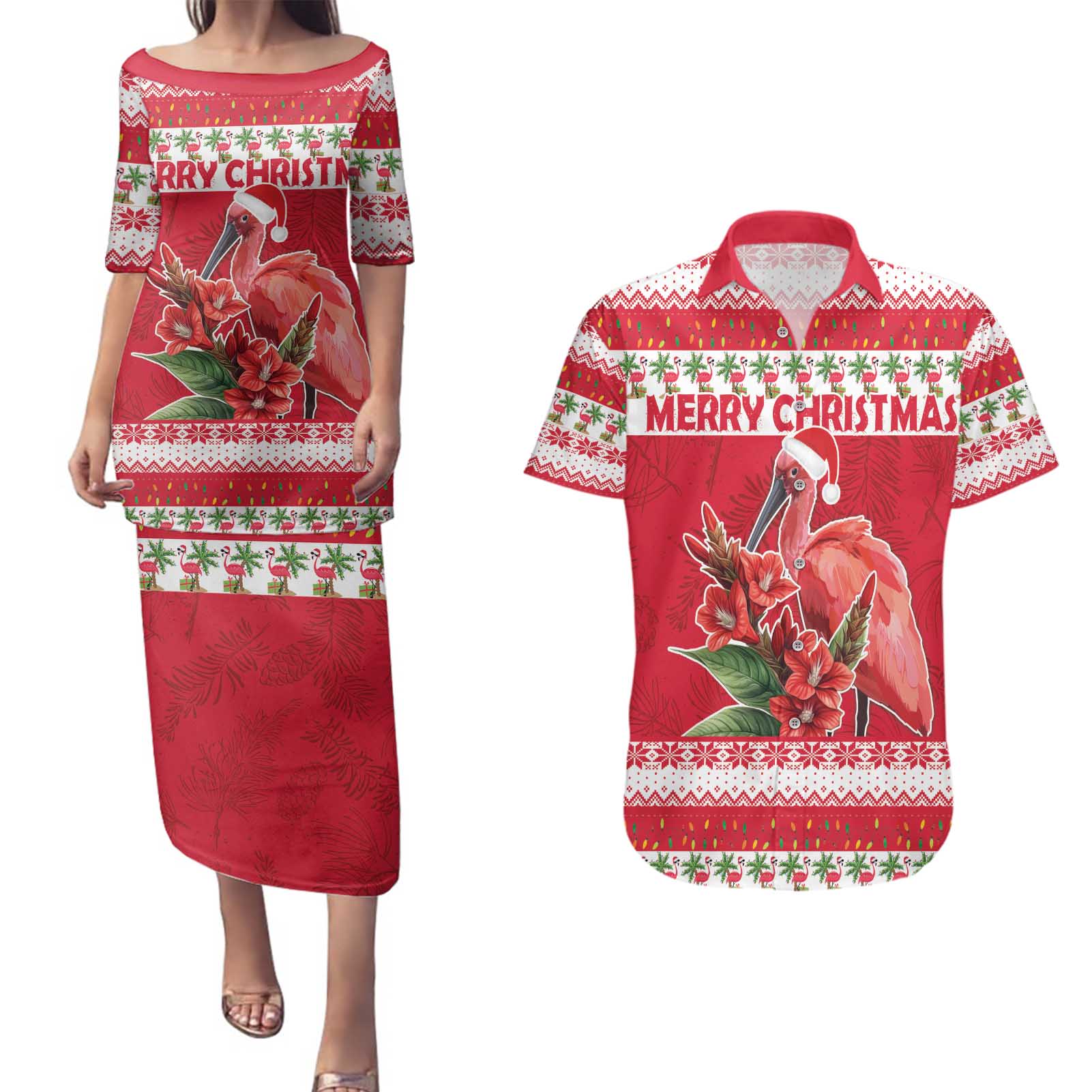 Personalized Trinidad and Tobago Christmas Couples Matching Puletasi and Hawaiian Shirt Scarlet Ibis with Chaconia Flowers - Wonder Print Shop