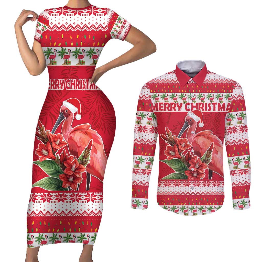 Personalized Trinidad and Tobago Christmas Couples Matching Short Sleeve Bodycon Dress and Long Sleeve Button Shirt Scarlet Ibis with Chaconia Flowers - Wonder Print Shop