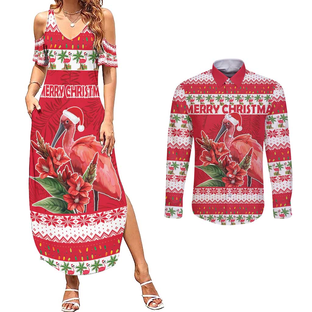 Personalized Trinidad and Tobago Christmas Couples Matching Summer Maxi Dress and Long Sleeve Button Shirt Scarlet Ibis with Chaconia Flowers - Wonder Print Shop