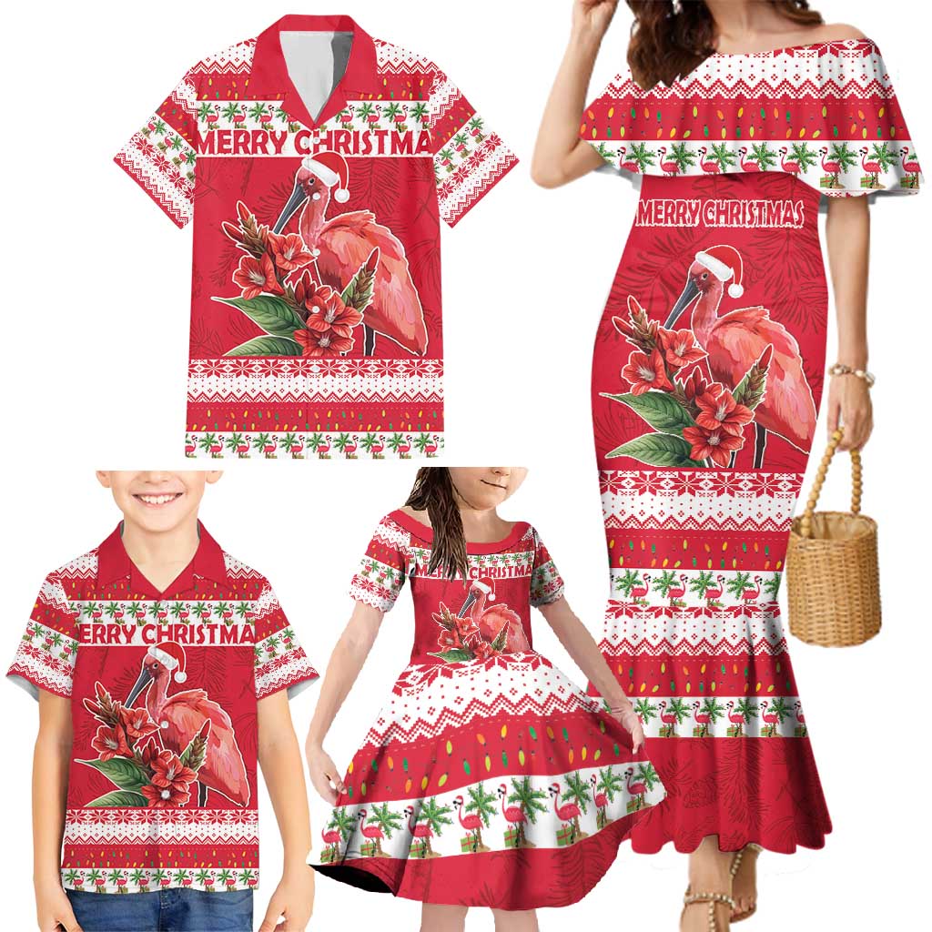 Personalized Trinidad and Tobago Christmas Family Matching Mermaid Dress and Hawaiian Shirt Scarlet Ibis with Chaconia Flowers - Wonder Print Shop