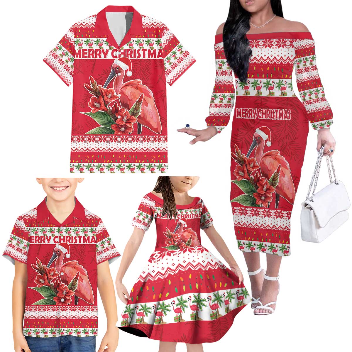 Personalized Trinidad and Tobago Christmas Family Matching Off The Shoulder Long Sleeve Dress and Hawaiian Shirt Scarlet Ibis with Chaconia Flowers - Wonder Print Shop