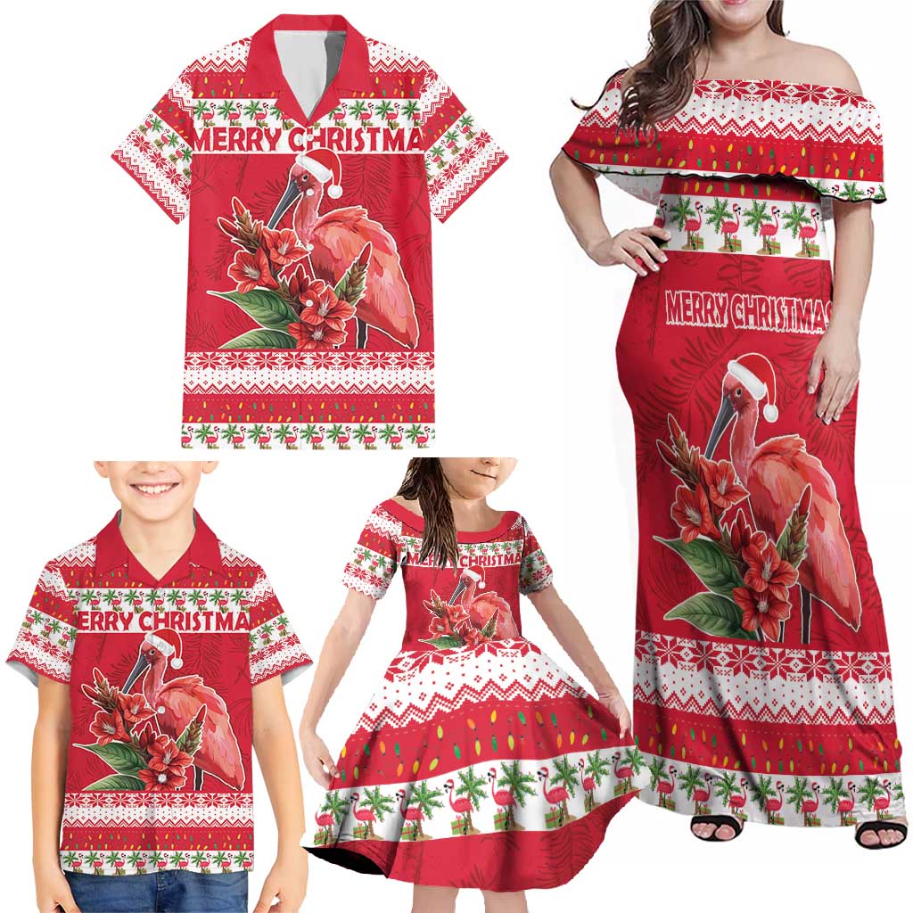 Personalized Trinidad and Tobago Christmas Family Matching Off Shoulder Maxi Dress and Hawaiian Shirt Scarlet Ibis with Chaconia Flowers - Wonder Print Shop