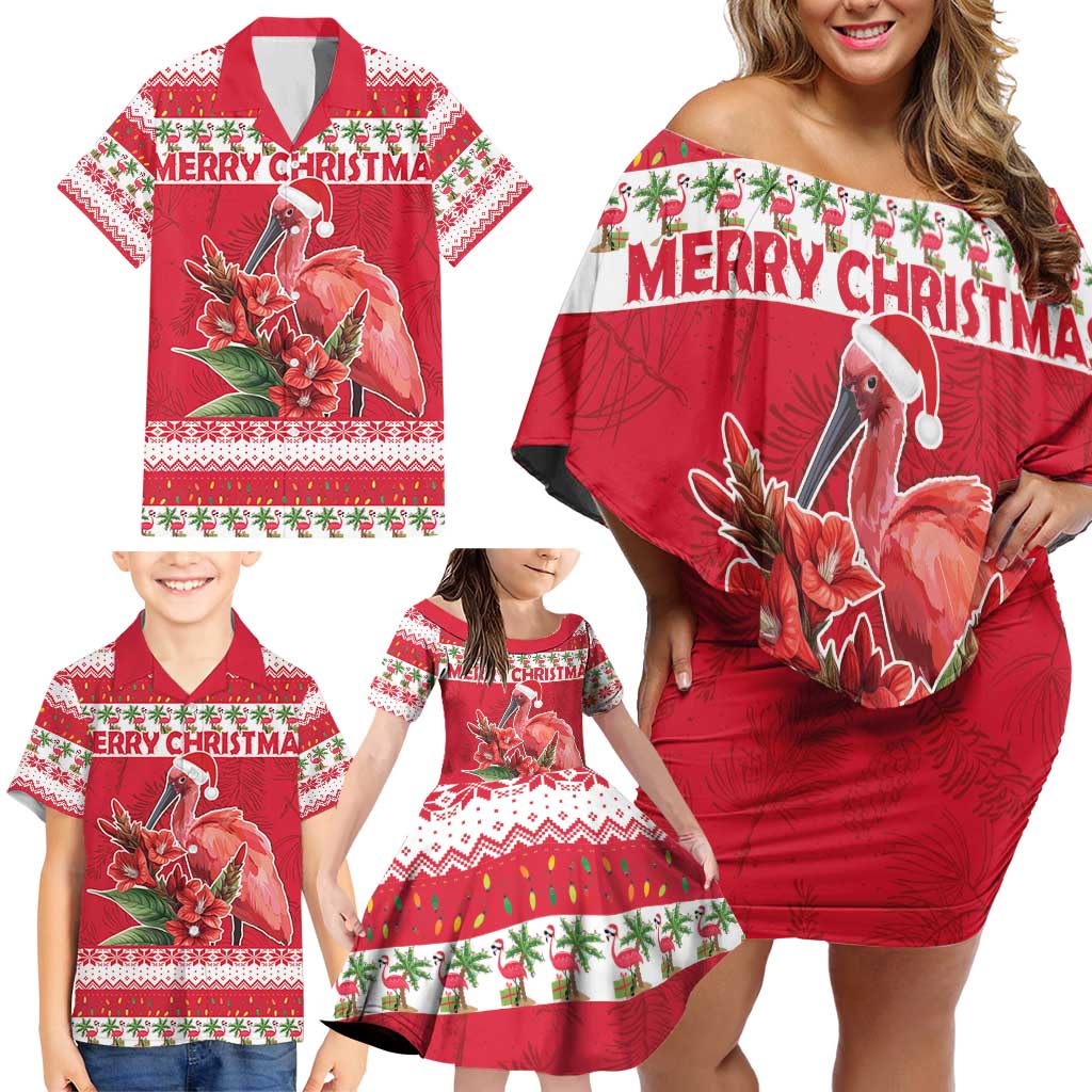 Personalized Trinidad and Tobago Christmas Family Matching Off Shoulder Short Dress and Hawaiian Shirt Scarlet Ibis with Chaconia Flowers - Wonder Print Shop