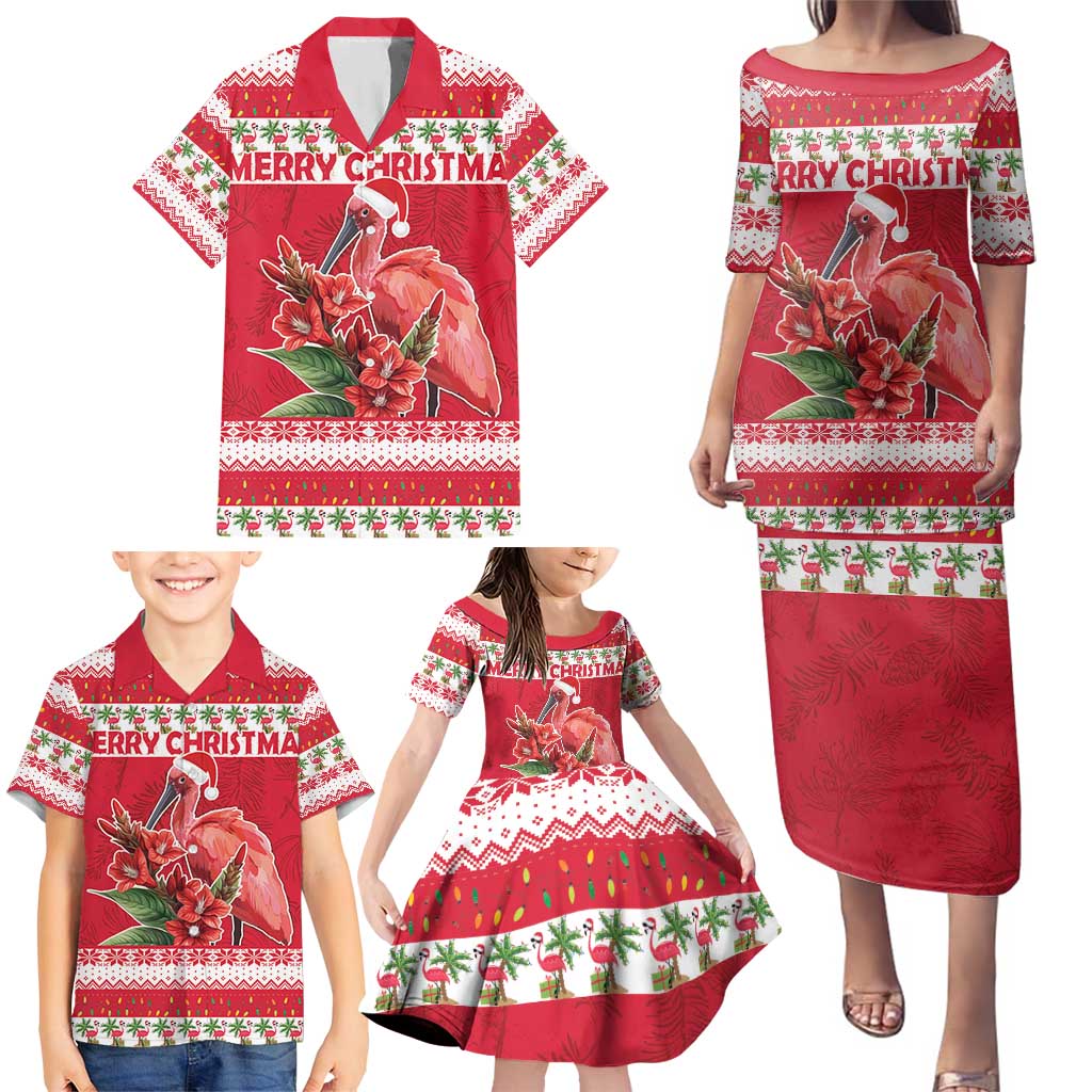 Personalized Trinidad and Tobago Christmas Family Matching Puletasi and Hawaiian Shirt Scarlet Ibis with Chaconia Flowers - Wonder Print Shop