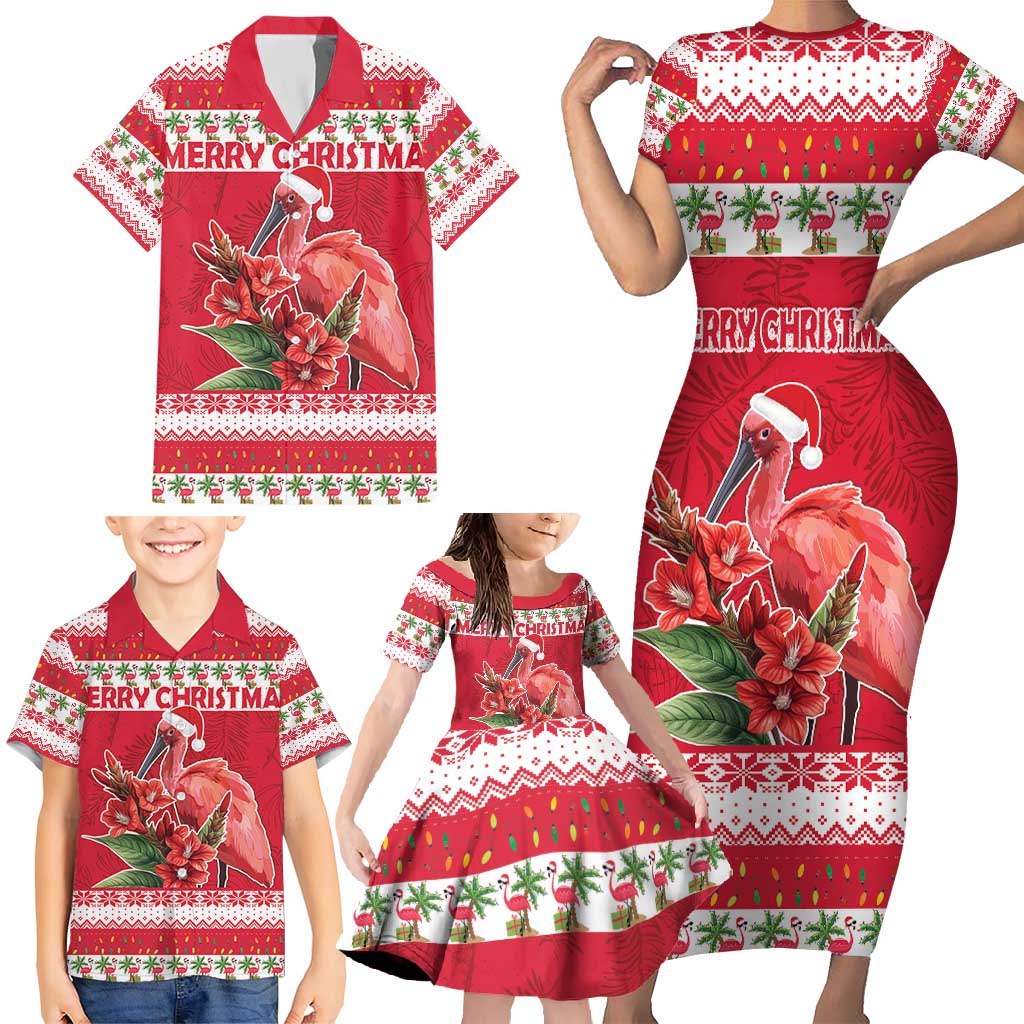 Personalized Trinidad and Tobago Christmas Family Matching Short Sleeve Bodycon Dress and Hawaiian Shirt Scarlet Ibis with Chaconia Flowers - Wonder Print Shop