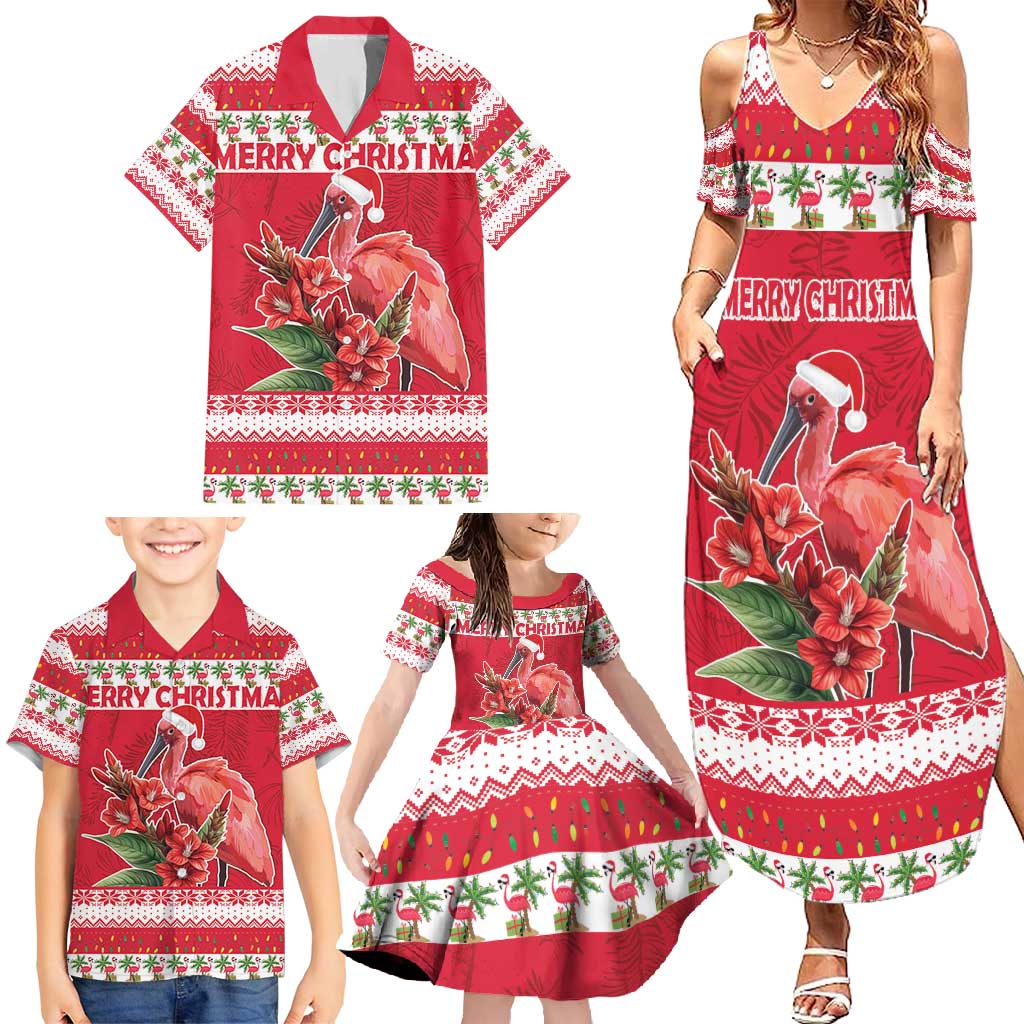 Personalized Trinidad and Tobago Christmas Family Matching Summer Maxi Dress and Hawaiian Shirt Scarlet Ibis with Chaconia Flowers - Wonder Print Shop