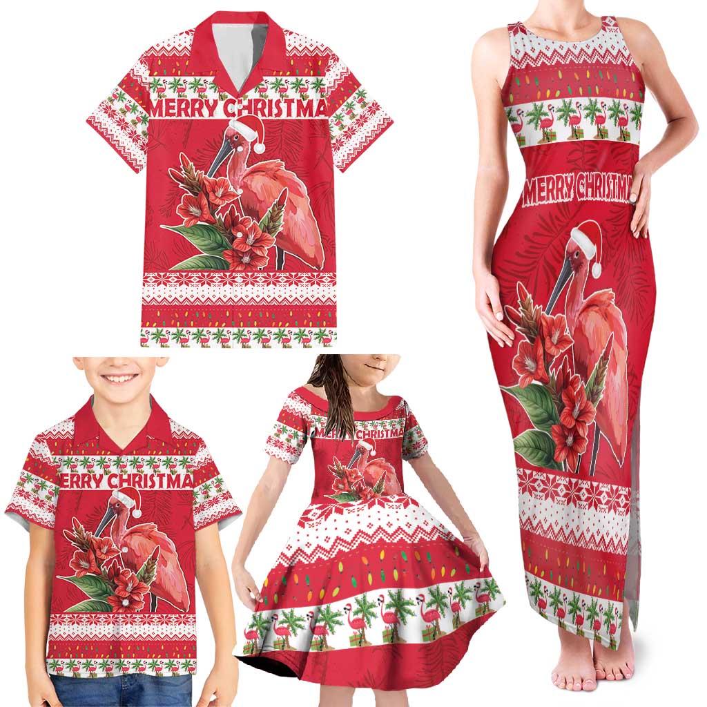 Personalized Trinidad and Tobago Christmas Family Matching Tank Maxi Dress and Hawaiian Shirt Scarlet Ibis with Chaconia Flowers - Wonder Print Shop