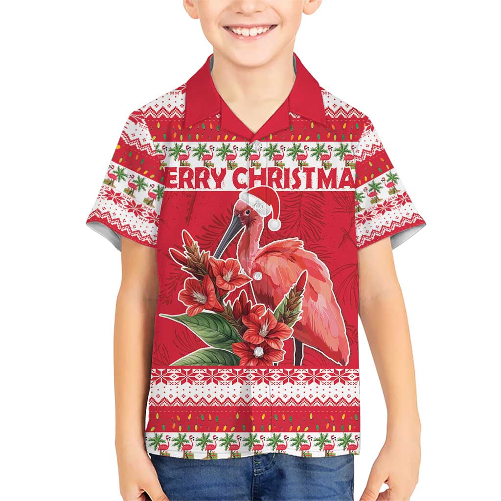 Personalized Trinidad and Tobago Christmas Kid Hawaiian Shirt Scarlet Ibis with Chaconia Flowers - Wonder Print Shop