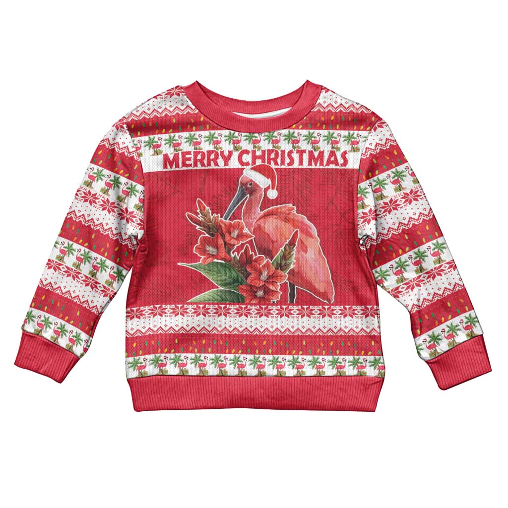 Personalized Trinidad and Tobago Christmas Kid Ugly Christmas Sweater Scarlet Ibis with Chaconia Flowers - Wonder Print Shop