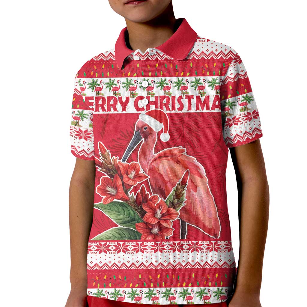 Personalized Trinidad and Tobago Christmas Kid Polo Shirt Scarlet Ibis with Chaconia Flowers - Wonder Print Shop