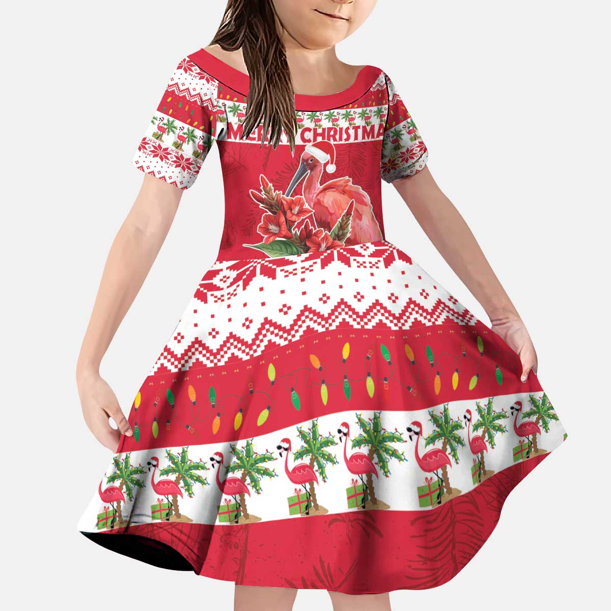 Personalized Trinidad and Tobago Christmas Kid Short Sleeve Dress Scarlet Ibis with Chaconia Flowers - Wonder Print Shop