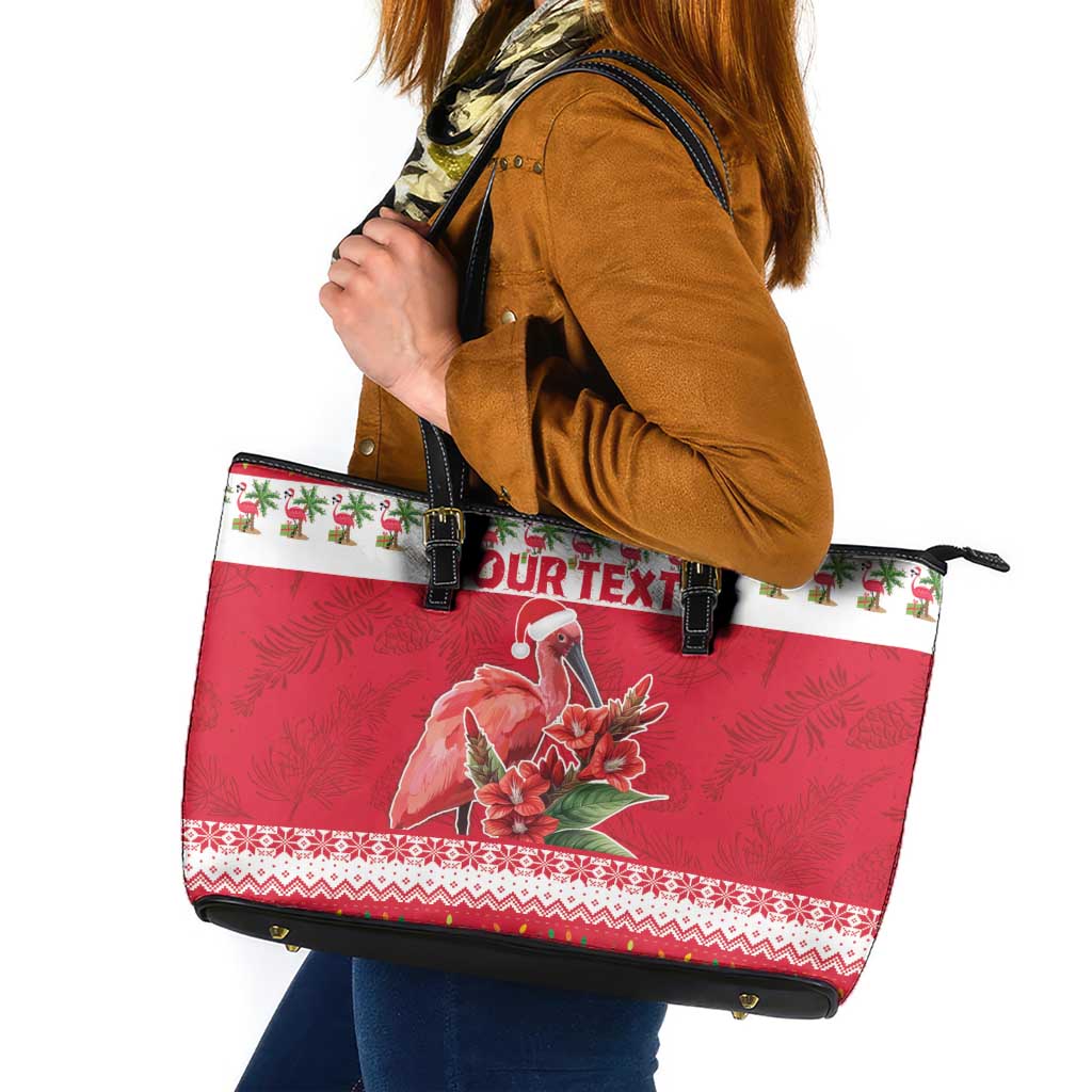 Personalized Trinidad and Tobago Christmas Leather Tote Bag Scarlet Ibis with Chaconia Flowers - Wonder Print Shop