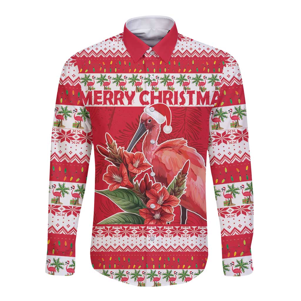 Red long-sleeve button shirt with flamingo and flowers; Merry Christmas