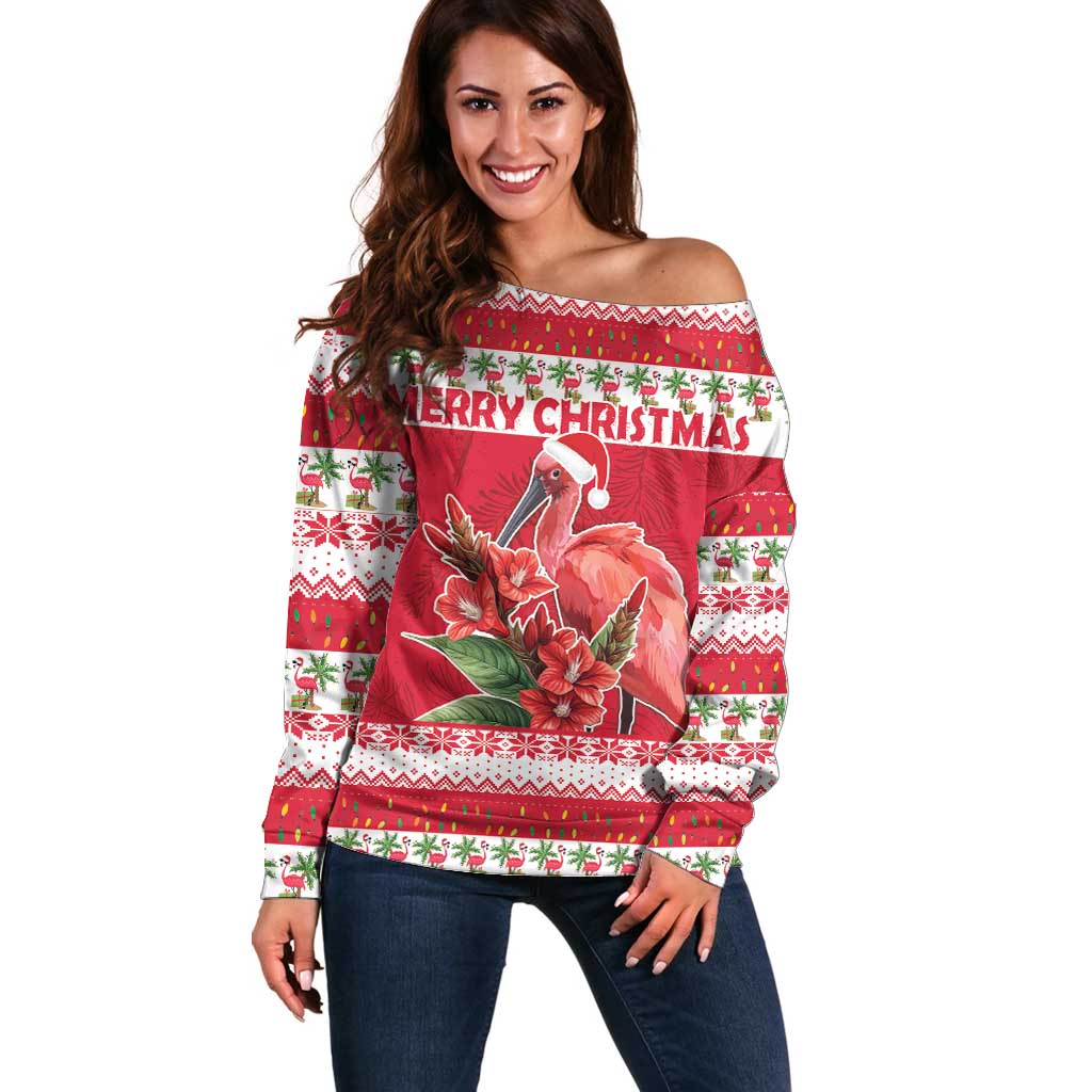 Personalized Trinidad and Tobago Christmas Off Shoulder Sweater Scarlet Ibis with Chaconia Flowers - Wonder Print Shop