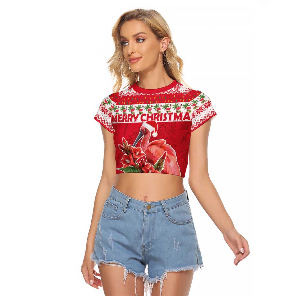 Personalized Trinidad and Tobago Christmas Raglan Cropped T Shirt Scarlet Ibis with Chaconia Flowers - Wonder Print Shop