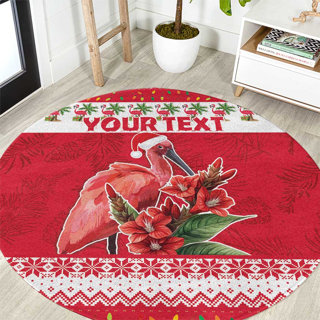 Personalized round red Christmas rug with 'Your Text' and red bird with flowers