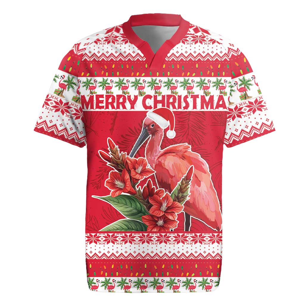 Personalized Trinidad and Tobago Christmas Rugby Jersey Scarlet Ibis with Chaconia Flowers - Wonder Print Shop