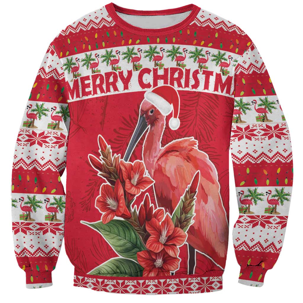 Unisex Christmas sweatshirt, red and white with flamingo and Merry Christmas front graphic