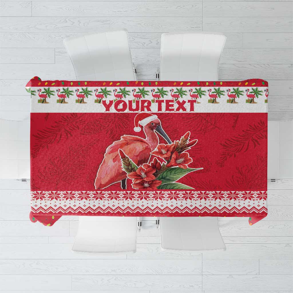 Personalized red tablecloth featuring a flamingo graphic with "YOURTEXT" header