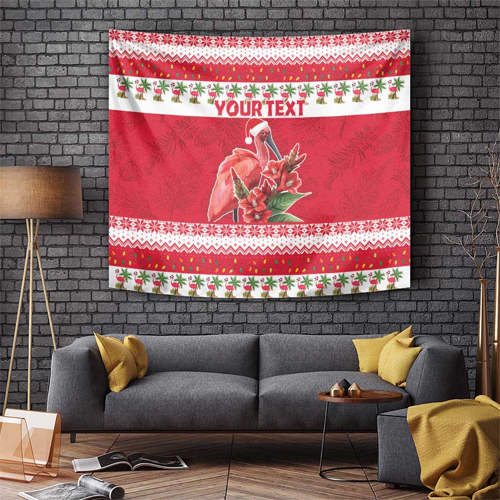 Personalized Christmas tapestry, red with flamingo bouquet, holly garland strip and borders