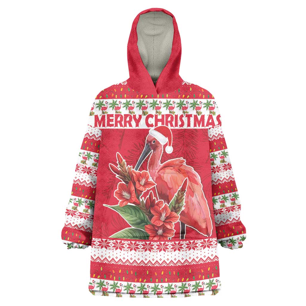 Personalized Trinidad and Tobago Christmas Wearable Blanket Hoodie Scarlet Ibis with Chaconia Flowers - Wonder Print Shop