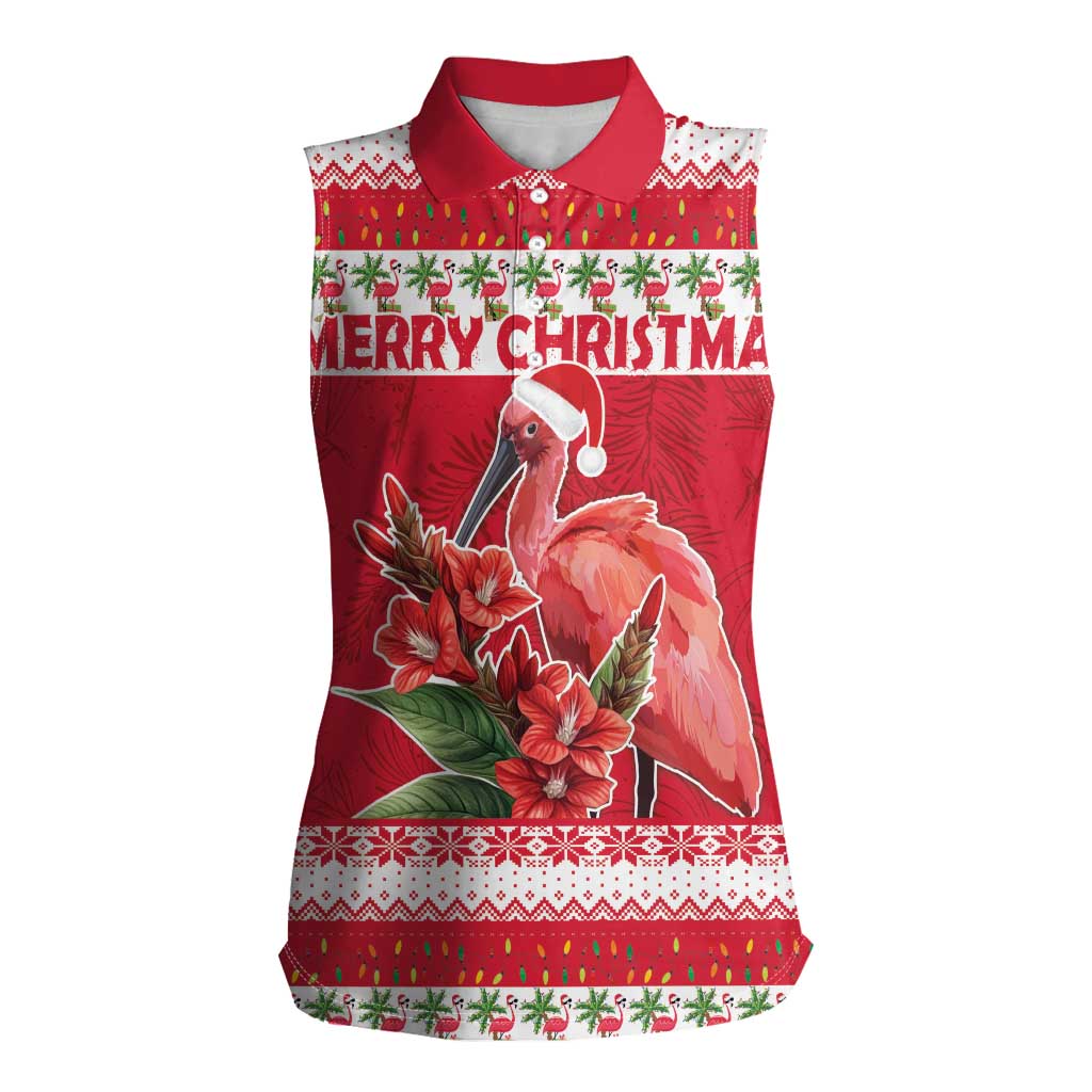 Personalized Trinidad and Tobago Christmas Women Sleeveless Polo Shirt Scarlet Ibis with Chaconia Flowers - Wonder Print Shop