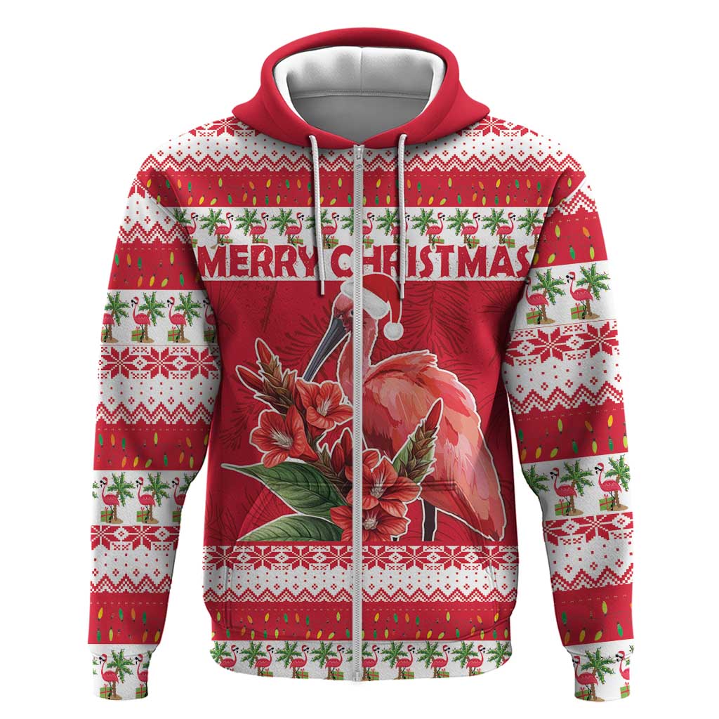 Personalized Trinidad and Tobago Christmas Zip Hoodie Scarlet Ibis with Chaconia Flowers - Wonder Print Shop