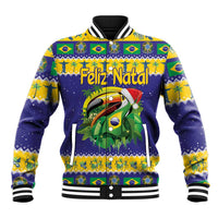 Blue baseball jacket with Brazil flag trim, toucan graphic, 'Feliz Natal' front