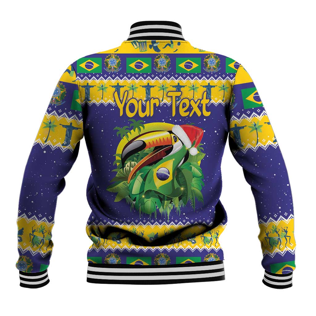Blue baseball jacket back with Brazil flag trim, toucan graphic, 'Your Text' print