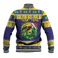 Blue baseball jacket back with Brazil flag trim, toucan graphic, 'Your Text' print