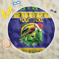 Round purple beach blanket with fringed edge, toucan and Brazil-themed holiday design