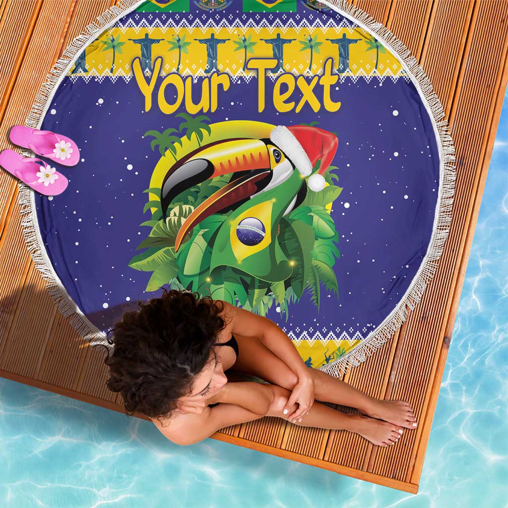 Round purple beach blanket with fringed edge, toucan and 'Your Text' holiday artwork