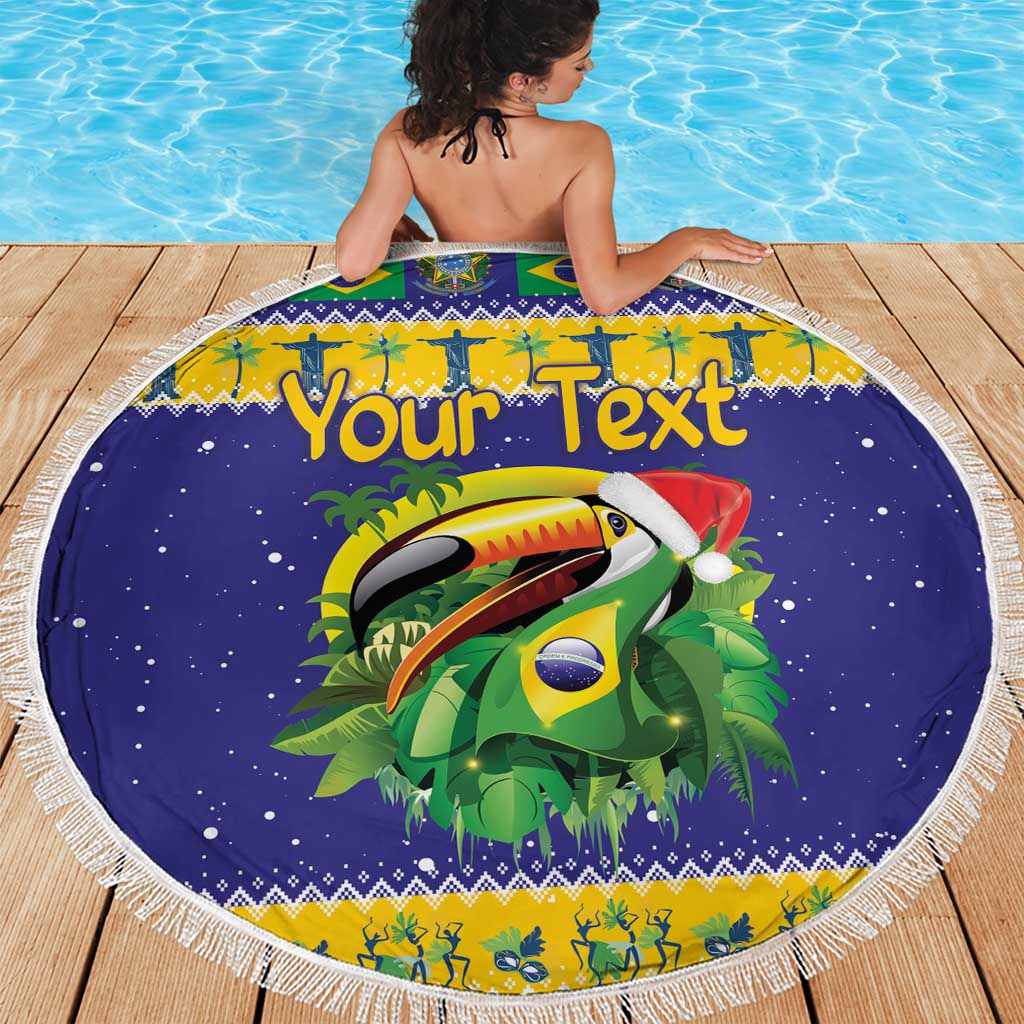 Round purple beach blanket with fringed edge, toucan graphic and Brazil-themed border