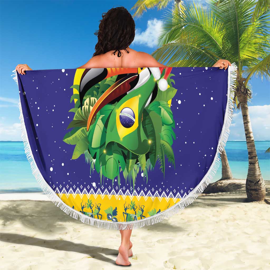 Round purple beach blanket with fringed edge, toucan graphic with Brazil flag accents