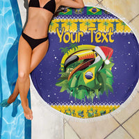 Round purple beach blanket with fringed edge, toucan art and 'Your Text' banner