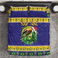 Blue toucan bedding set with Brazil flag pattern border, centered duvet and pillows