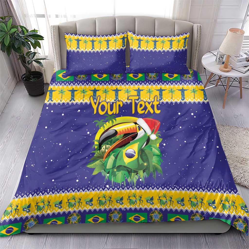 Blue toucan Christmas bedding set with Brazil flag trim and personalized text, full bed view
