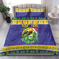 Blue toucan Christmas bedding set with Brazil flag trim and personalized text, full bed view