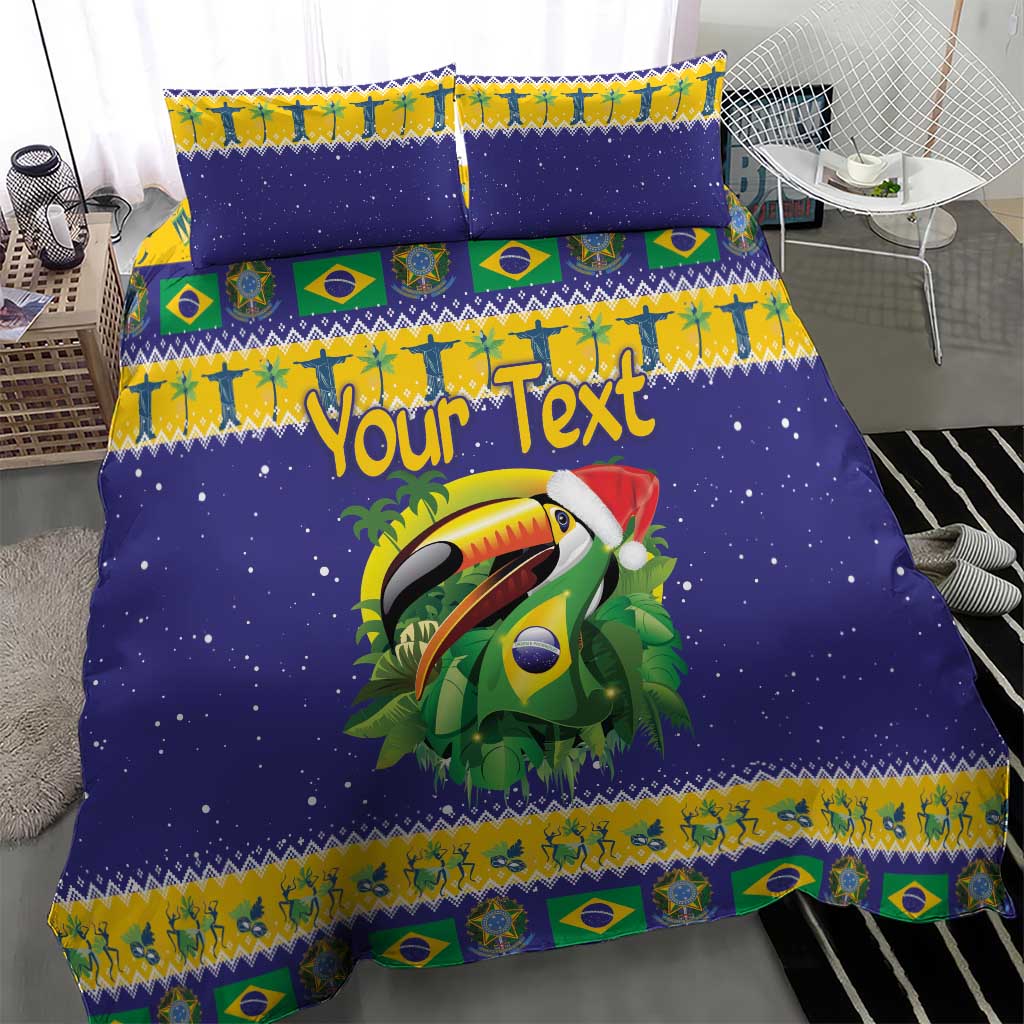Personalized blue toucan Christmas bedding set with Brazil flag pattern border