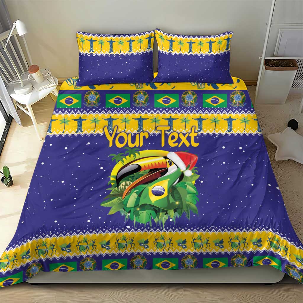 Blue toucan bedding set with Brazil flag banding and personalized text, with pillows