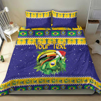 Blue toucan bedding set with Brazil flag banding and personalized text, with pillows