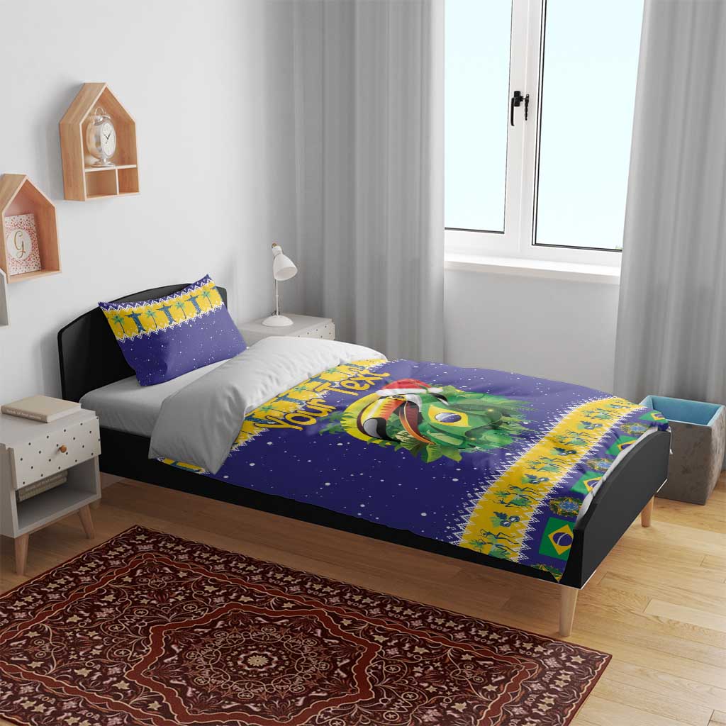 Blue toucan bedding set with Brazil flag trim and personalized text on bedspread