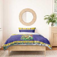 Blue toucan bedding set with Brazil flag border and personalized text on duvet