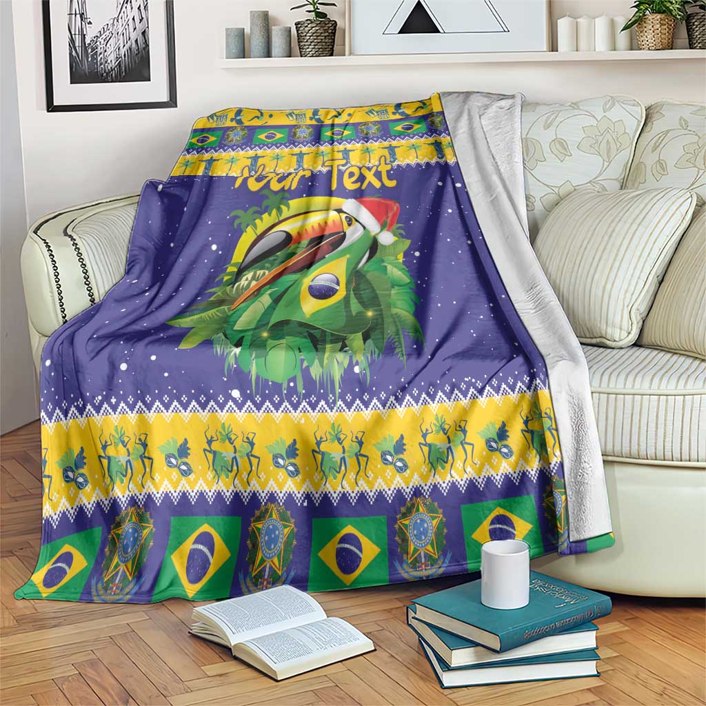 Personalized Brazil toucan blanket with purple and yellow pattern, Brazil flag border