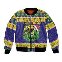 Unisex blue bomber jacket with Feliz Natal text, toucan graphic, ribbed cuffs
