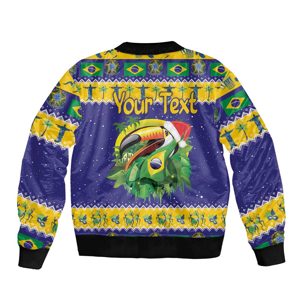 Unisex blue bomber jacket with Your Text, toucan graphic, ribbed collar