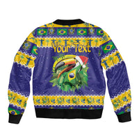 Unisex blue bomber jacket with Your Text, toucan graphic, ribbed collar