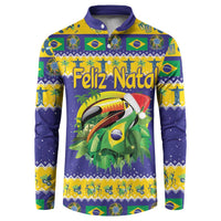 Blue and yellow button sweatshirt with toucan graphic and Feliz Natal front