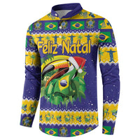 Blue and yellow button sweatshirt with toucan graphic and Feliz Natal