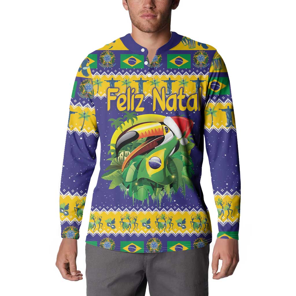 Blue and yellow button sweatshirt with toucan graphic and Feliz Natal on chest